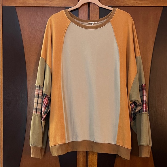 easel Tops - Easel Earth Tone Mixed Media Patchwork Crewneck Sweatshirt w/Plaid Accents